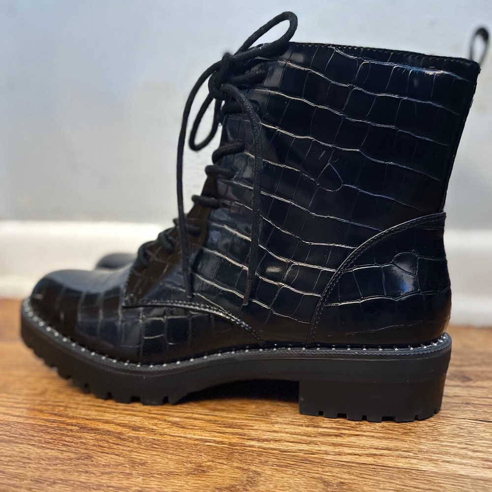Black printed combat boots